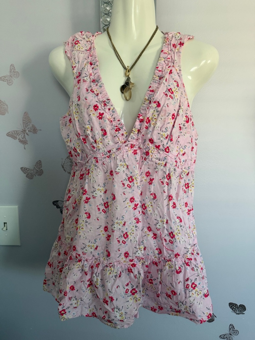 Pink Floral Sleeveless V-Neck Ruffle NightShirt/Matching Panties by VS